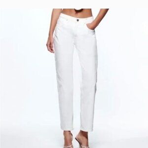 Zara High Rise Straight Leg Raw Hem White Denim Jeans Size 6